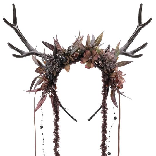 MOSTORY Dark Flower Reindeer Headband - Gothic Floral Antlers Headpiece for Renaissance Accessories Women Dark Fairy Costume, Deer Horns Headband with Vine for Goth Cosplay Renfaire Witch Aesthetic