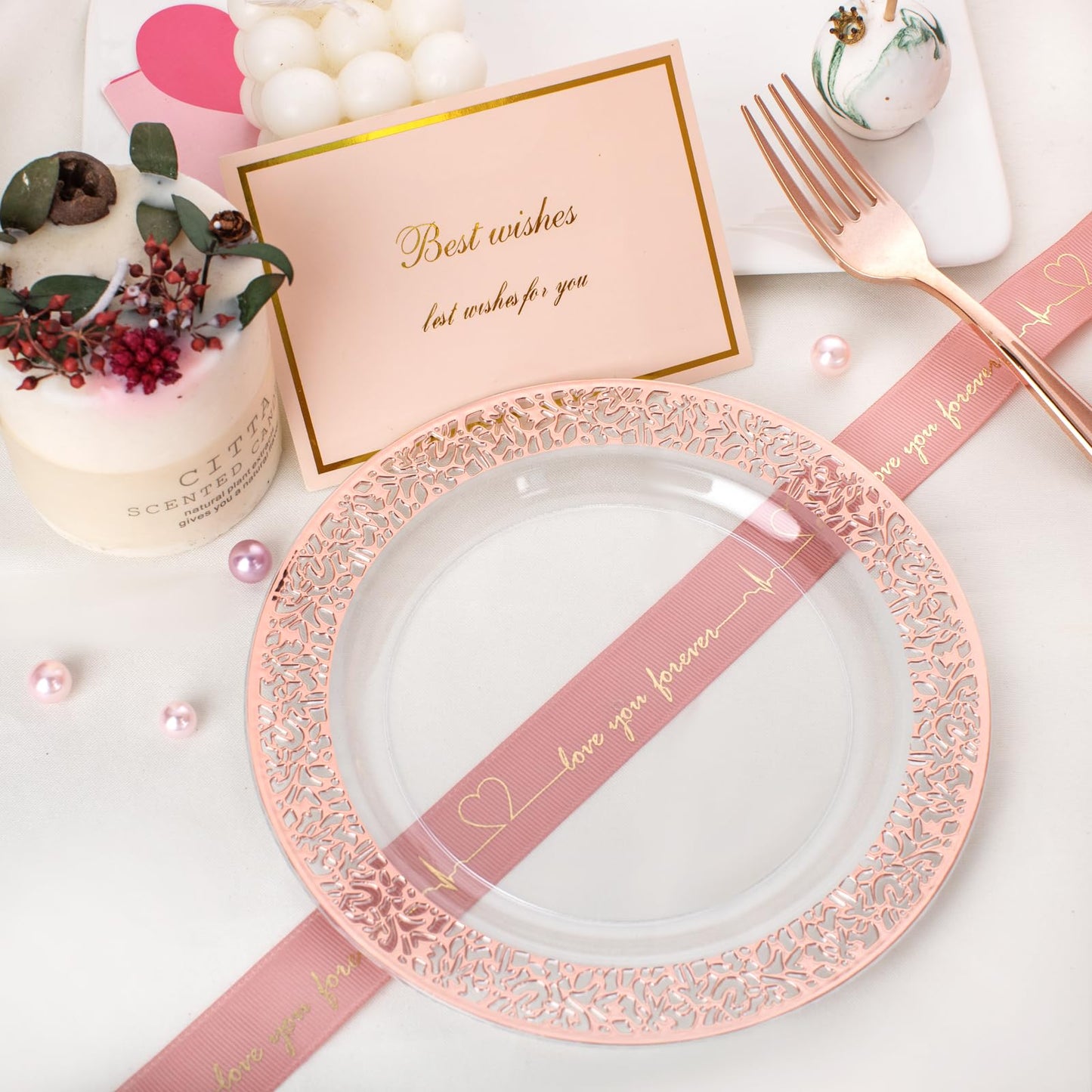 I00000 72 Pcs Rose Gold Dessert Plates 7.5" & 72 Pcs Disposable Forks 7.4", Lace Design Plastic Salad Plate, Plastic Appetizer Plate for all Holidays Perfect for Party & Wedding