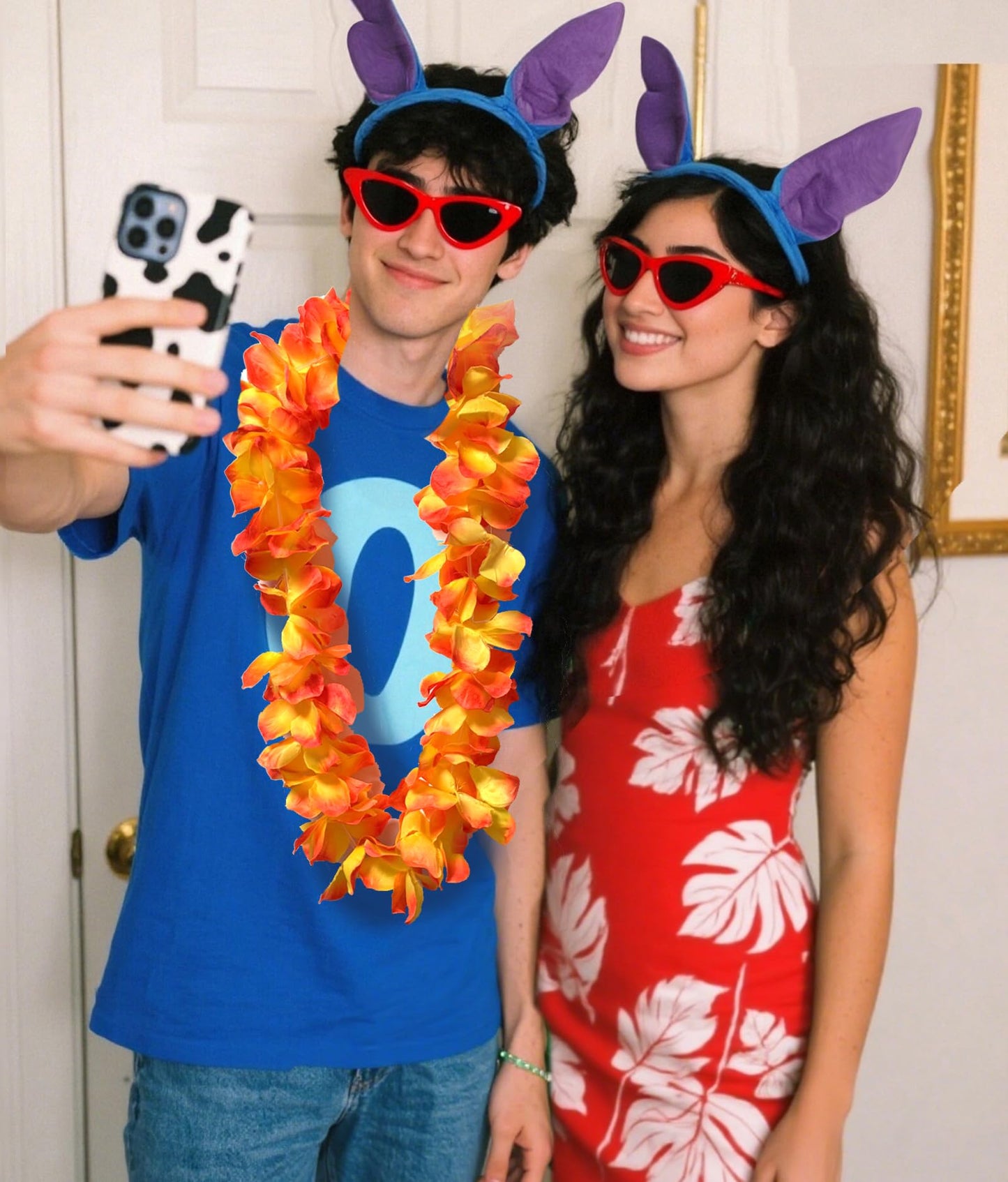 OUHAICUST Unisex Blue Stitch Ears Headband Tail Glasses Hawaiian Lei Costume Accessories Blue Little Monster Kit Halloween Cosplay