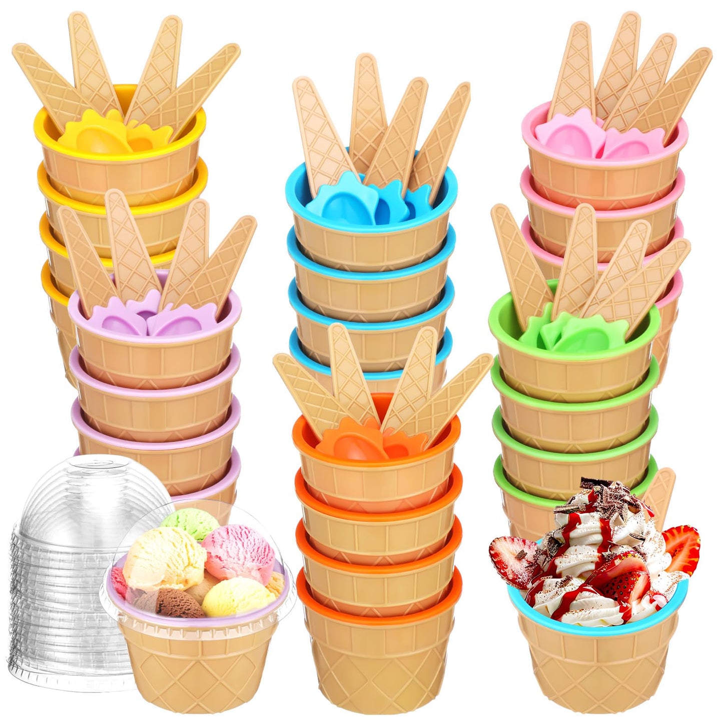Jingmore 72 Pcs Reusable Ice Cream Bowls And Spoons Set Plastic Ice Cream Cups With Spoons And Lids Bulks Cartoon Candy Color Sundae Cups For Sundae Frozen Yogurt Summer Holiday Party, 6 Colors