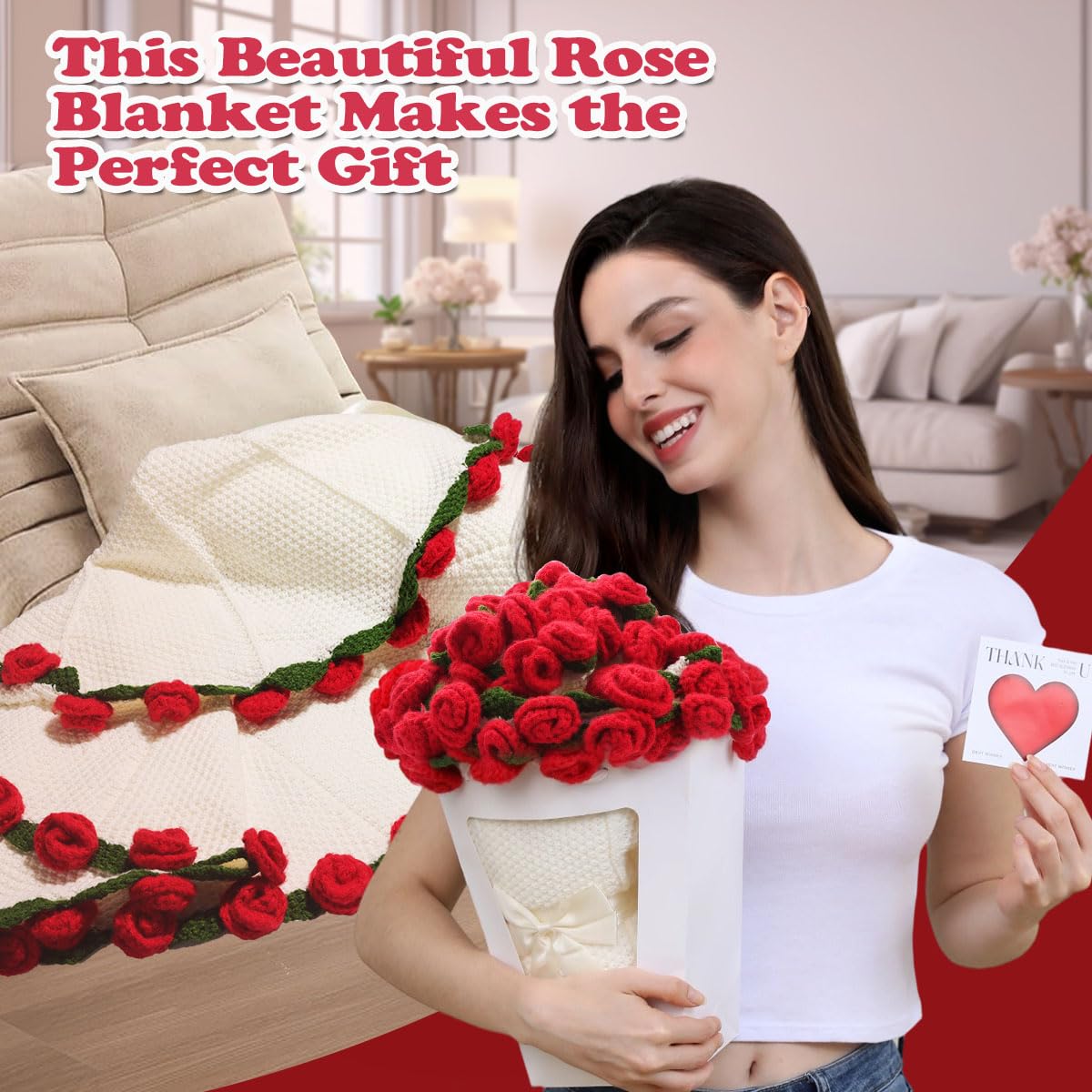 Duryeo Stocking Stuffers for Women, Crochet Rose Flower Bouquet Blanket, Christmas, Valentines Day, Wedding, Anniversary, Birthday Gifts Ideas for Mom, Grandma, Girlfriend, Wife, Sister, Couple