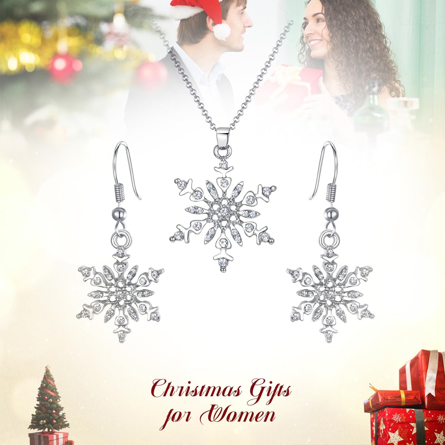 BriLove Women's Crystal Winter Daily Party Elegant Snowflake Pendant Necklace Hook Dangle Earrings Set for Gift Clear Silver-Tone