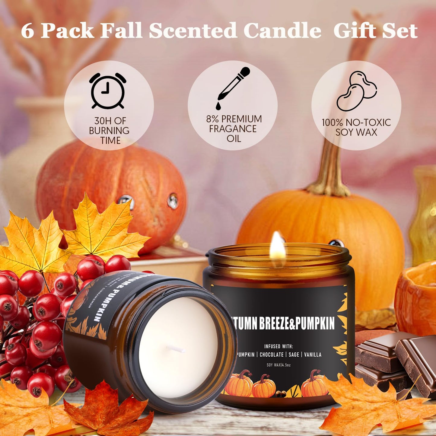 Fall Candle Set/6Pack Pumpkin Scented Candles for Home - Candle Gifts for Women Men, Soy Candles | Jar Candle Scents of Berry, Sugared Lemon, Spiced Apple Pie,Autumn’S Breeze,Cinnamon,FIG Pumpkin