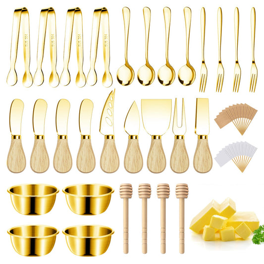 Charcuterie Boards Accessories Gold Charcuterie Utensils Cheese Butter Spreader Knife Set Small Serving Tongs Forks and Spoons Dipping Bowls Honey Dippers Toothpick Flags for Party Platter Making