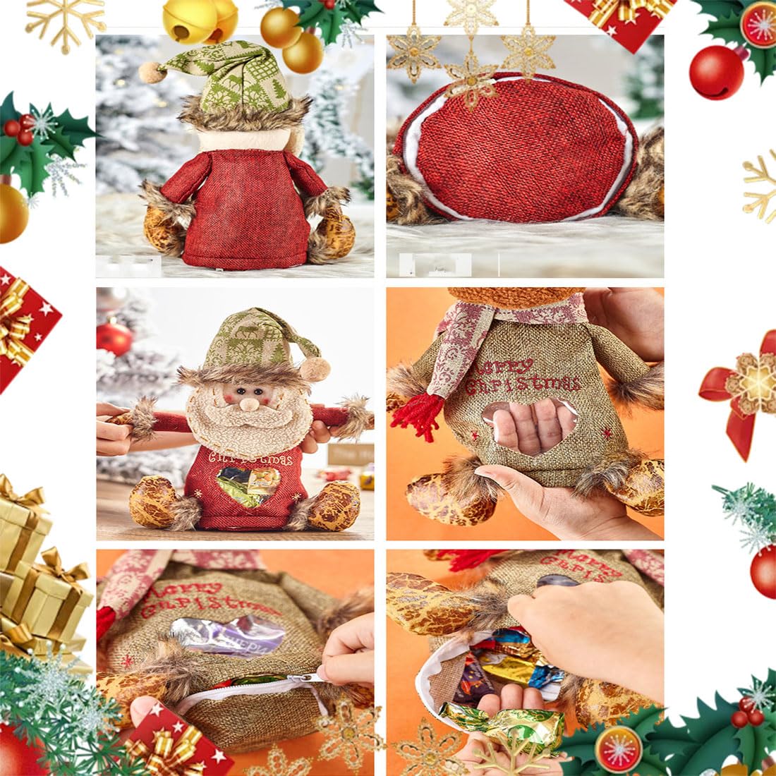 2026 New Christmas Gift Bags Zipper Design, Flax Fabric Christmas Apple Bags Zipper Reusable Santa Snowman Doll Storage Gift Bag for Chritmas Party Decor and Festival (G-3PC)