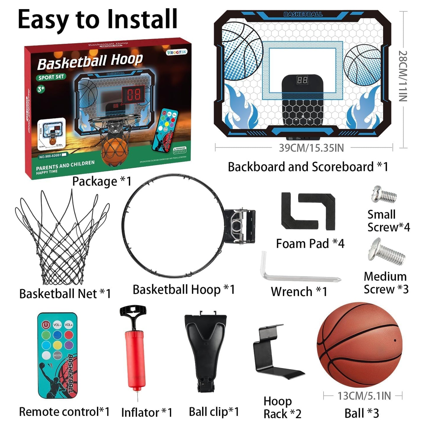 VROGTIK Indoor Basketball Hoop for Kids with Led Lights Mini Basketball Hoop with Remote Control Over The Door Basketball Hoops with Scoreboard Basketball Toys for 4-12 Year Old Boys Girls