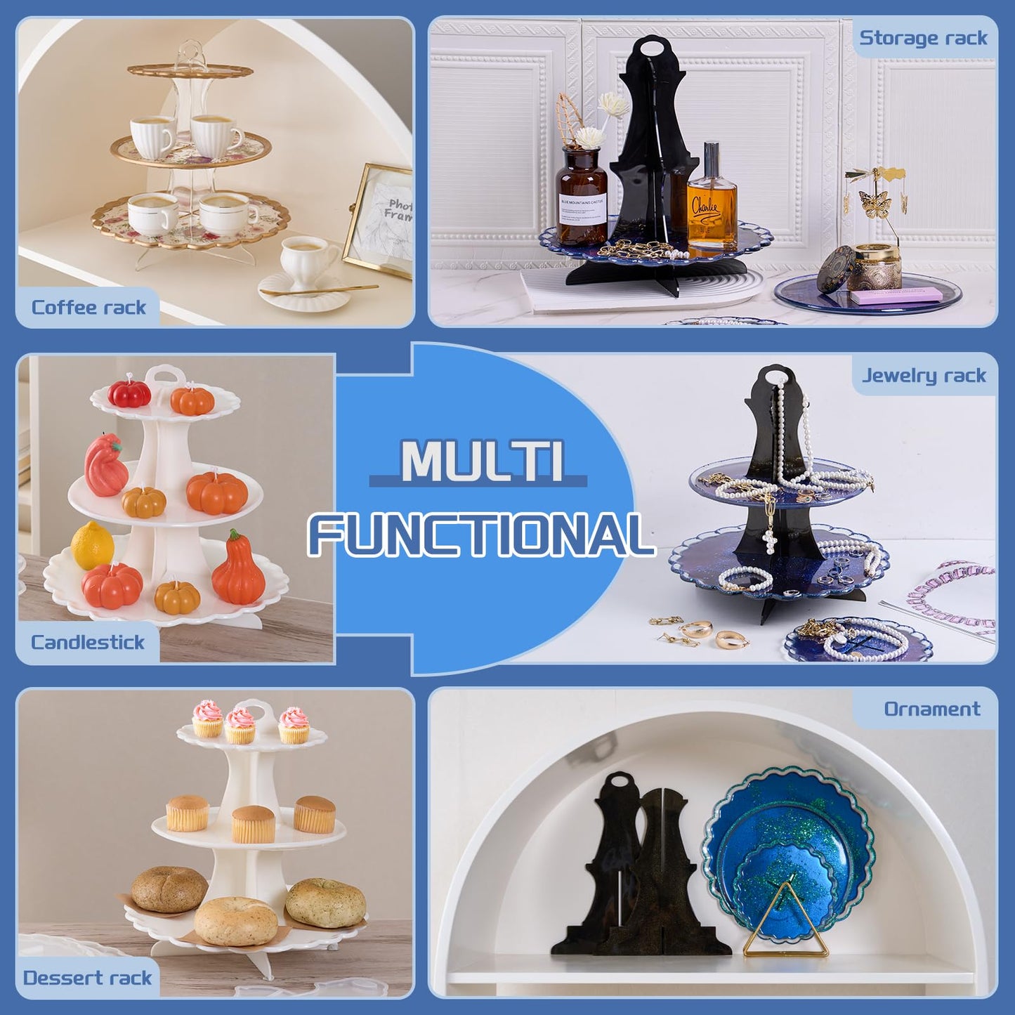 3 Tier Cake Stand Epoxy Resin Silicone Molds 5Pcs Set Tiered Round Stand for Cupcakes, Fruits, Dessert or Tea Dessert Tower Tray for Party and Wedding