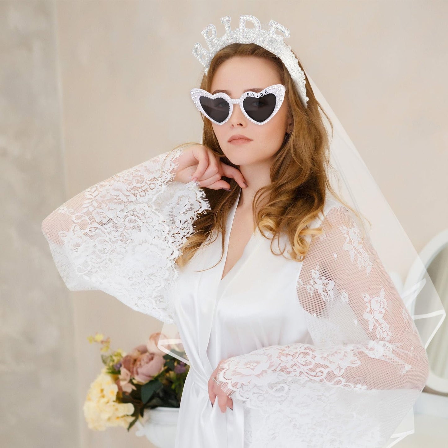 BAHABY Pearl Bride Headband with Veil + Heart Bride Sunglasses Set Bachelorette Party Decorations Bridal Shower Engagement Party Decorations