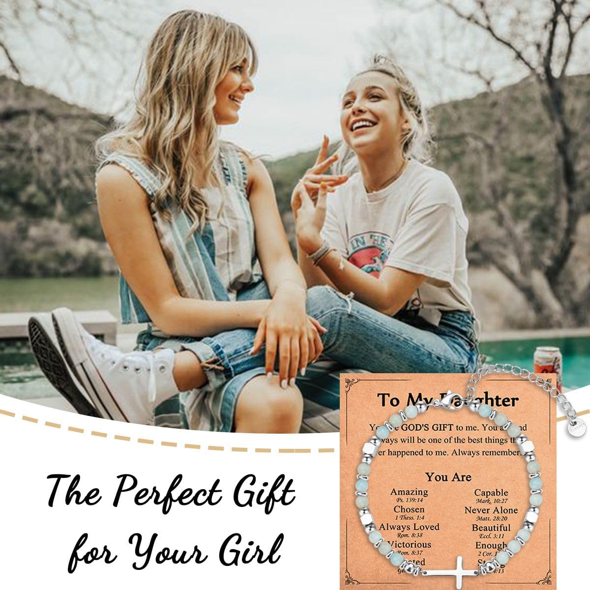 IKIATY Daughter Gifts from Mom Dad, Christian Cross Bracelet Jewelry for Teenage Girls, Daughter Birthday Gifts Easter Basket Christmas Stocking Stuffers Valentines Day Gifts for Teens Girls Women