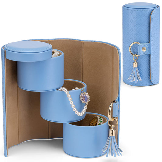 Vlando Christmas Gifts for Mom, Women, Wife - Travel Jewelry Oragnizer, 3-Layer Jewelry Storage Box, Travel Essential Accessories for Women, Gifts for Travelers Couples Mom Friends - Blue