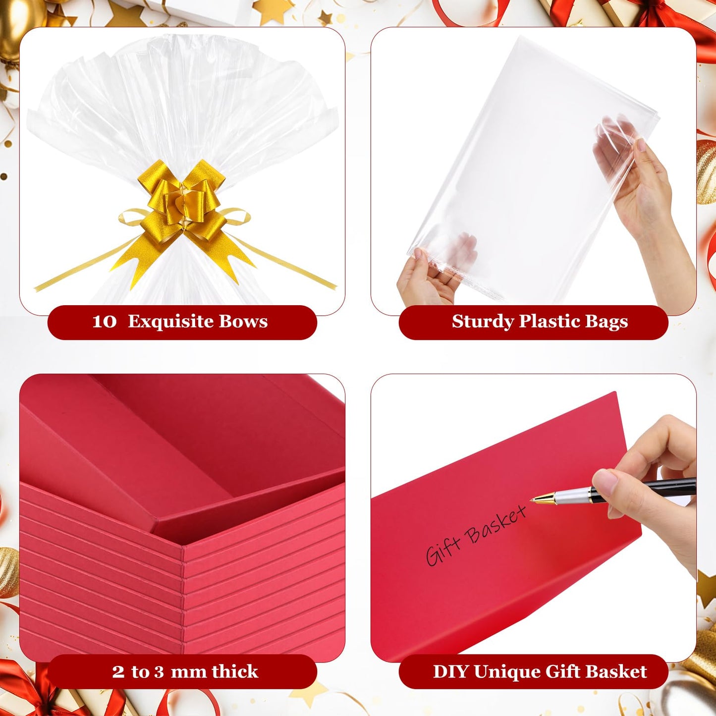 AFOROEOA 10PACK Baskets For Gifts Empty, 10 x 8”Thick Red Gift Basket with 10 Clear Gift Bags and 10 Pull Bows, Empty Gift Baskets for Christmas, Thanksgiving Wedding Birthday Party Wrapping Gift