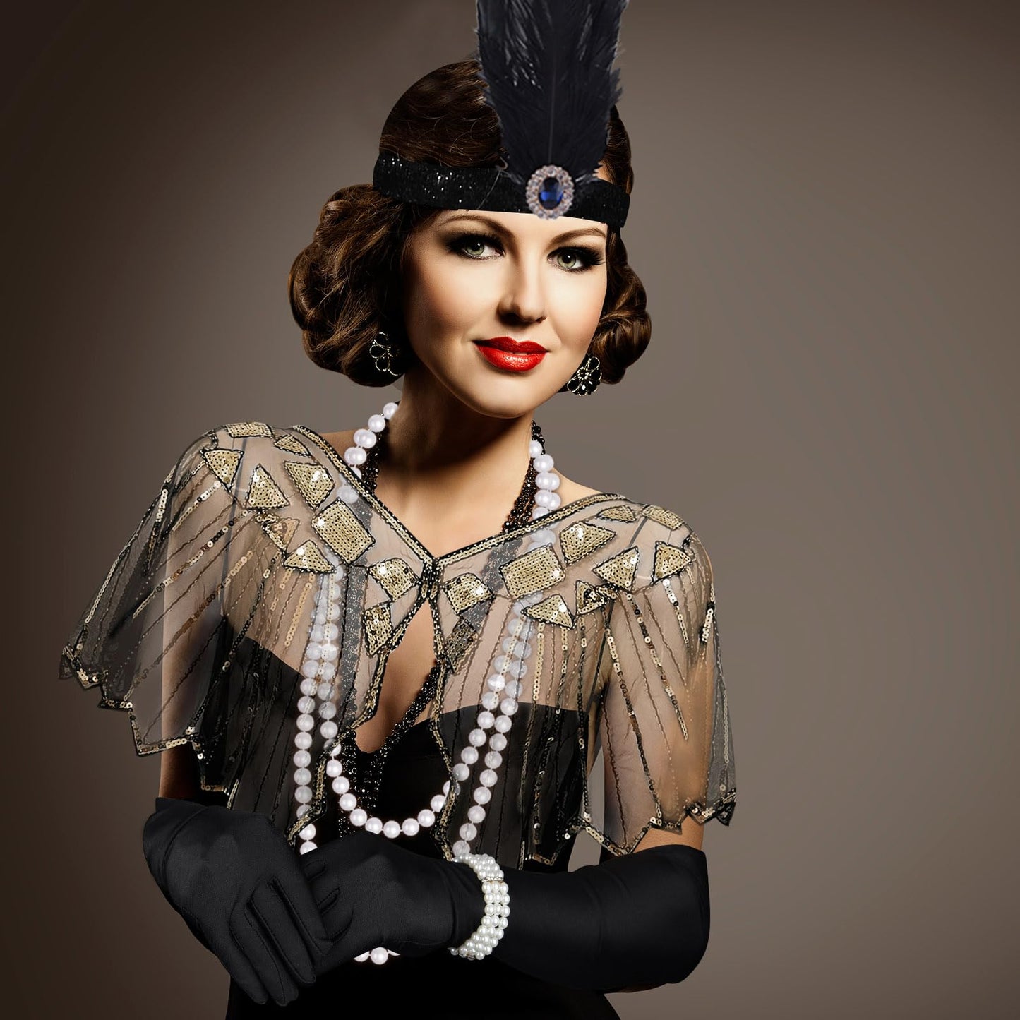 ELECLAND 10 Pieces 1920s Flapper Accessories Set Fashion Roaring 20's Theme Set with Headband Headpiece Long Black Gloves Necklace Earrings for Women (Black Gold)