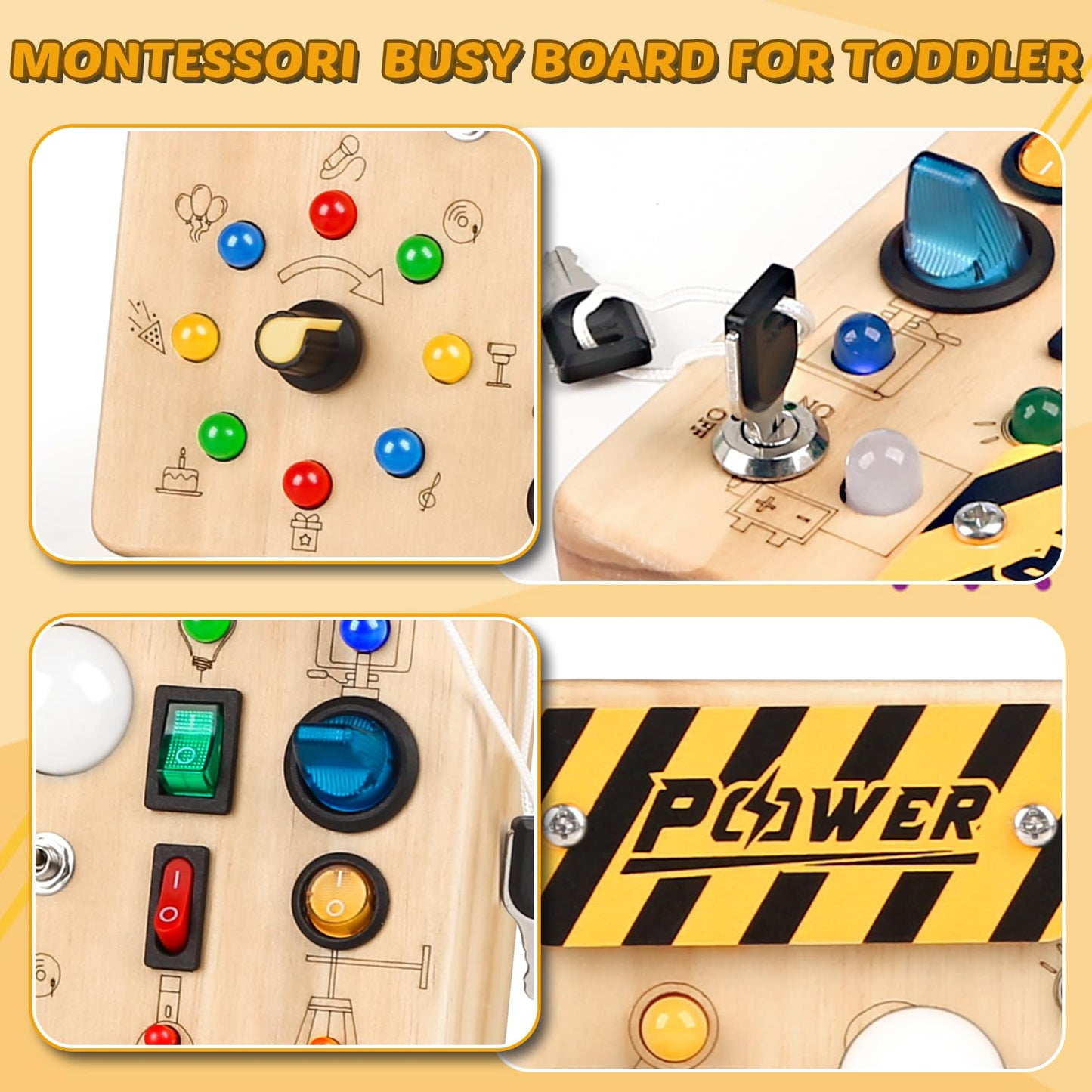 Joyreal Montessori Toddler Busy Board, 19 Led Wooden Sensory Board Educational Toy, Montessori Toys for 1-6 Year Old, Travel Toys Gifts for Toddlers Boys and Girls
