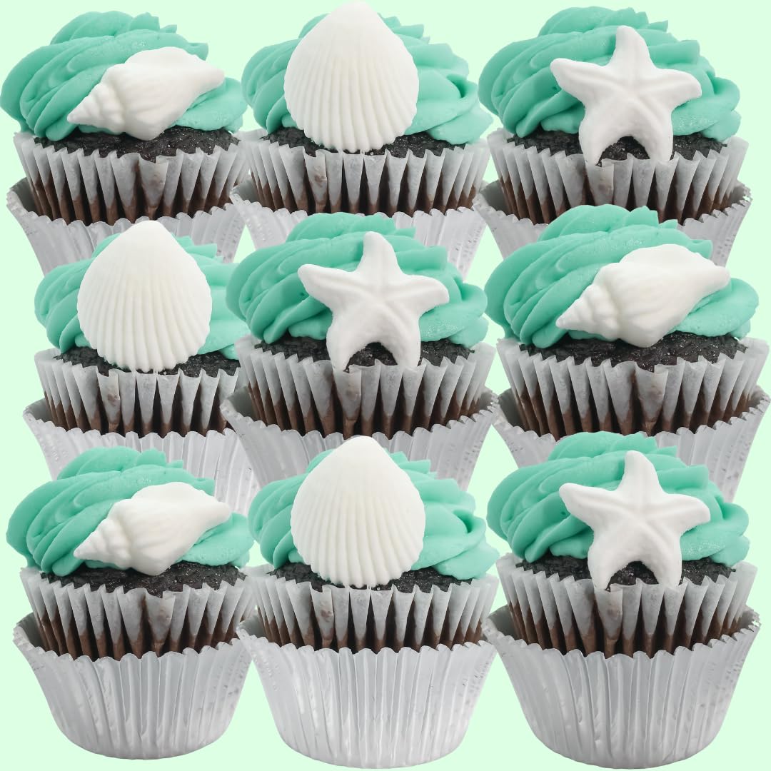 24pk Edible White Seashells and Starfish Sugar Decoration Toppers for Cakes Cupcakes Cake Pops with SeaShell Decorating Stickers