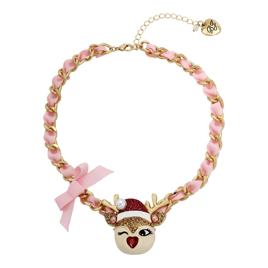 Betsey Johnson Womens Jingle Bell Bling Christmas Reindeer Pendant Necklace