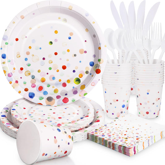 Gudvilla Colorful Birthday Plates and Napkins 168PCS Confetti Plates Disposable Tableware Serve 24,Happy Birthday Party Plates Set for Holiday Party Supplies Bubble Decorations-Colorful Paper Plates