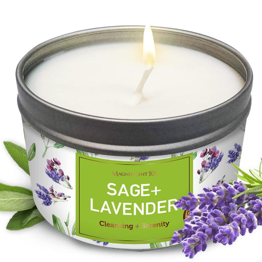MAGNIFICENT 101 Sage & Lavender Aromatherapy Smudge Candle - 6 Oz - 35-Hour Burn Soy Wax - Energy Cleansing & Manifestation - Spiritual Decor & Meditation Accessories - Spiritual Gift for Women