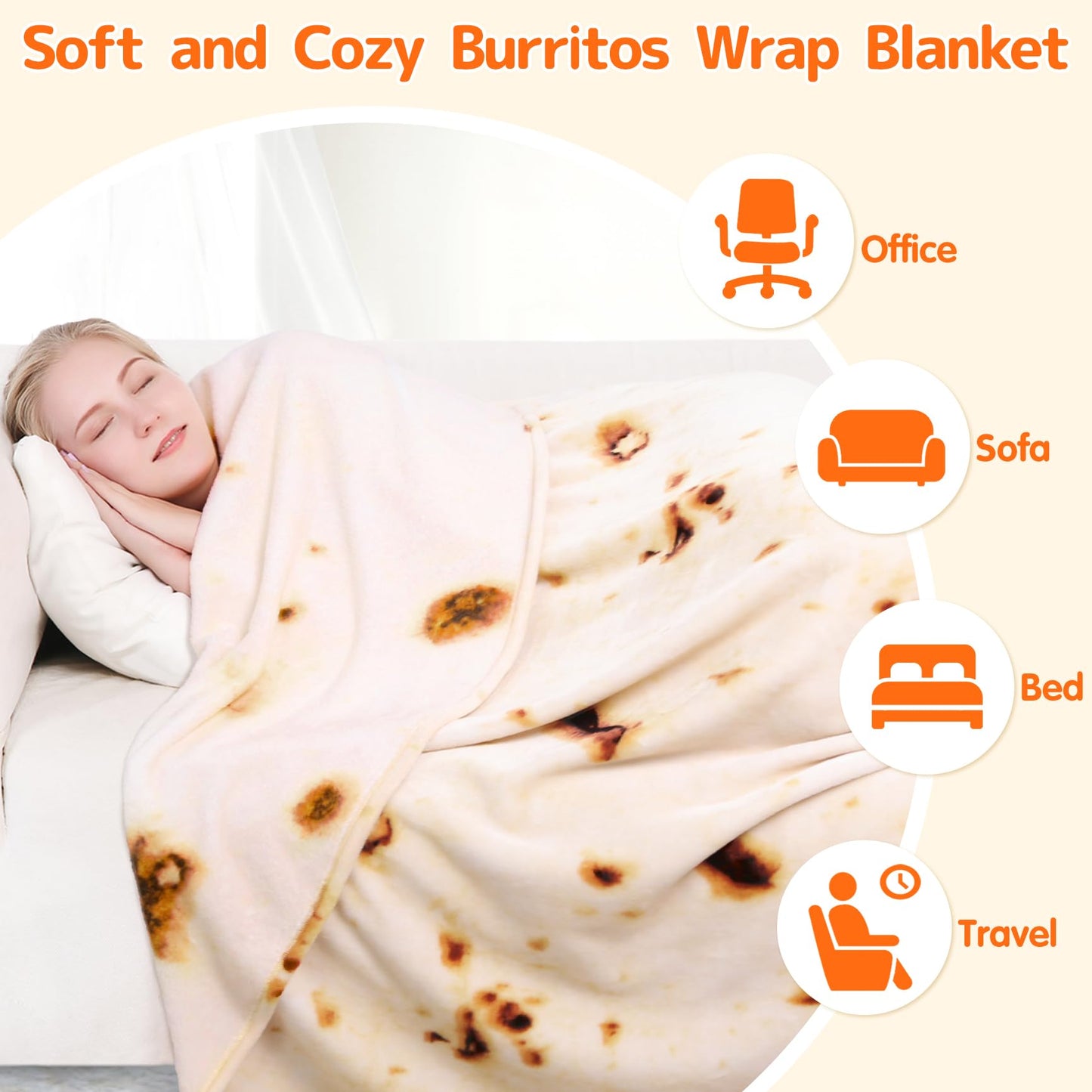 CASOFU Burritos Tortilla Throw Blanket, White Elephant Gift for Adults Teens Kid Men Women, 285 GSM Soft Flannel Realistic Taco Food Blanket Funny Birthday Gag Gift for Boy and Girl(Beige, 71 inches)