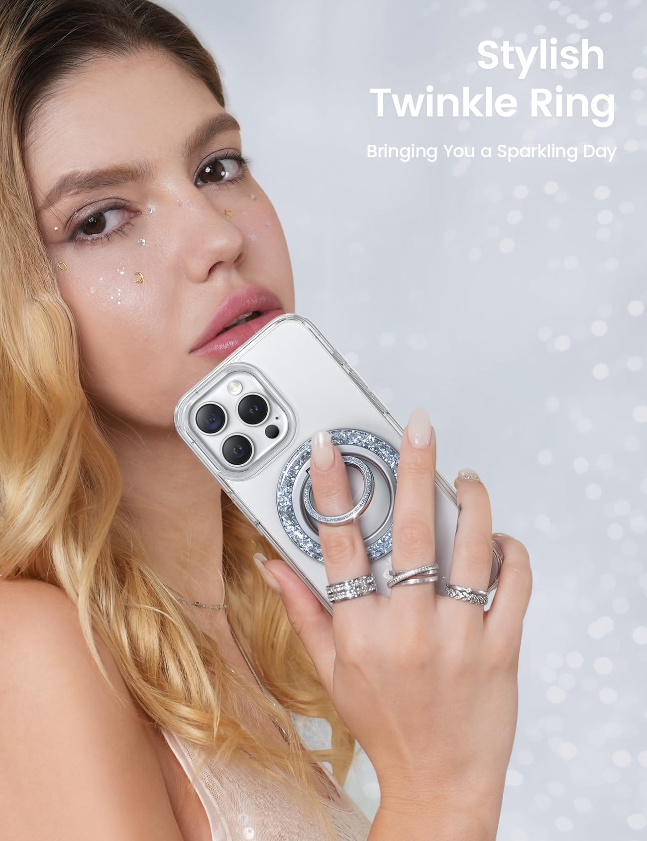 Lamicall Magnetic Phone Ring for MagSafe Grip - 2025 [Super Magnet] Stylish Twinkle Ring Holder Stand with [Upgrade Gear Hinge], Mag Safe Accessory for iPhone 16 15 14 13 Pro Max Plus, Glitter Silver