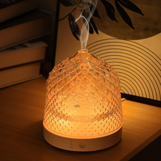 Lecdura Glass Essential Oil Diffuser, 200ml Ultrasonic Aroma Diffusers with Glass Reservoir Dome & White Plastic Base Lock Color Auto-Off Timer 7 Color Light for Home Office Bedroom Yoga