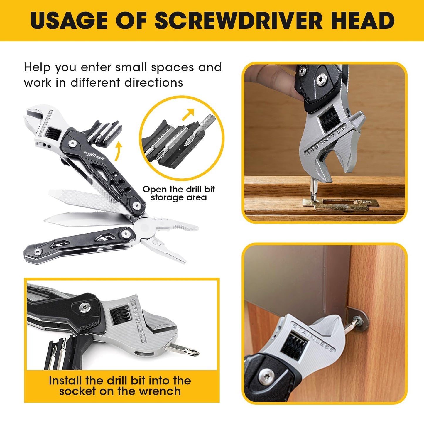 INYPTROPIC Multitool Wrench With 14 Tools/Pliers/Wire Cutter Gift for Dad.Portable Folding Multifunctional Pocket Knife Adjustable Multi Purpose Stainless Steel Tool (Silver black)