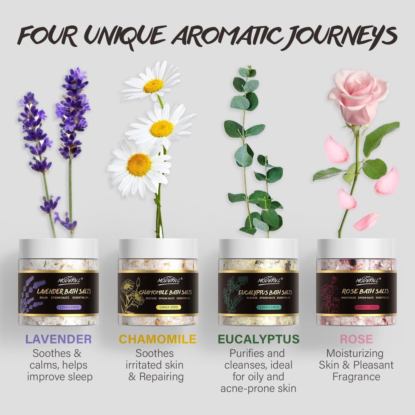 Epsom Bath Salts Gift Set for Soaking 4pcs Bath Salts with Essential Oils for Women Relaxing Lavender Eucalyptus Rose Chamomile Bath Set for Women Luxury Spa Birthday Mother's Day Christmas Gift