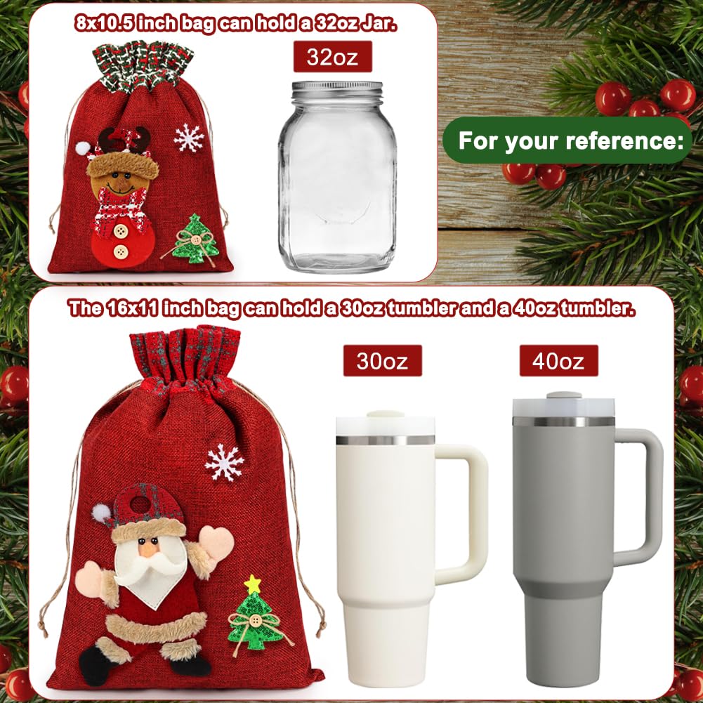 HRX Package 3D Christmas Gift Bags, 16x11 10.5x8 inch Xmas Drawstring Wrapping Bags Pouches for Holiday Goodie, Presents, Stocking Stuffers (5pcs)