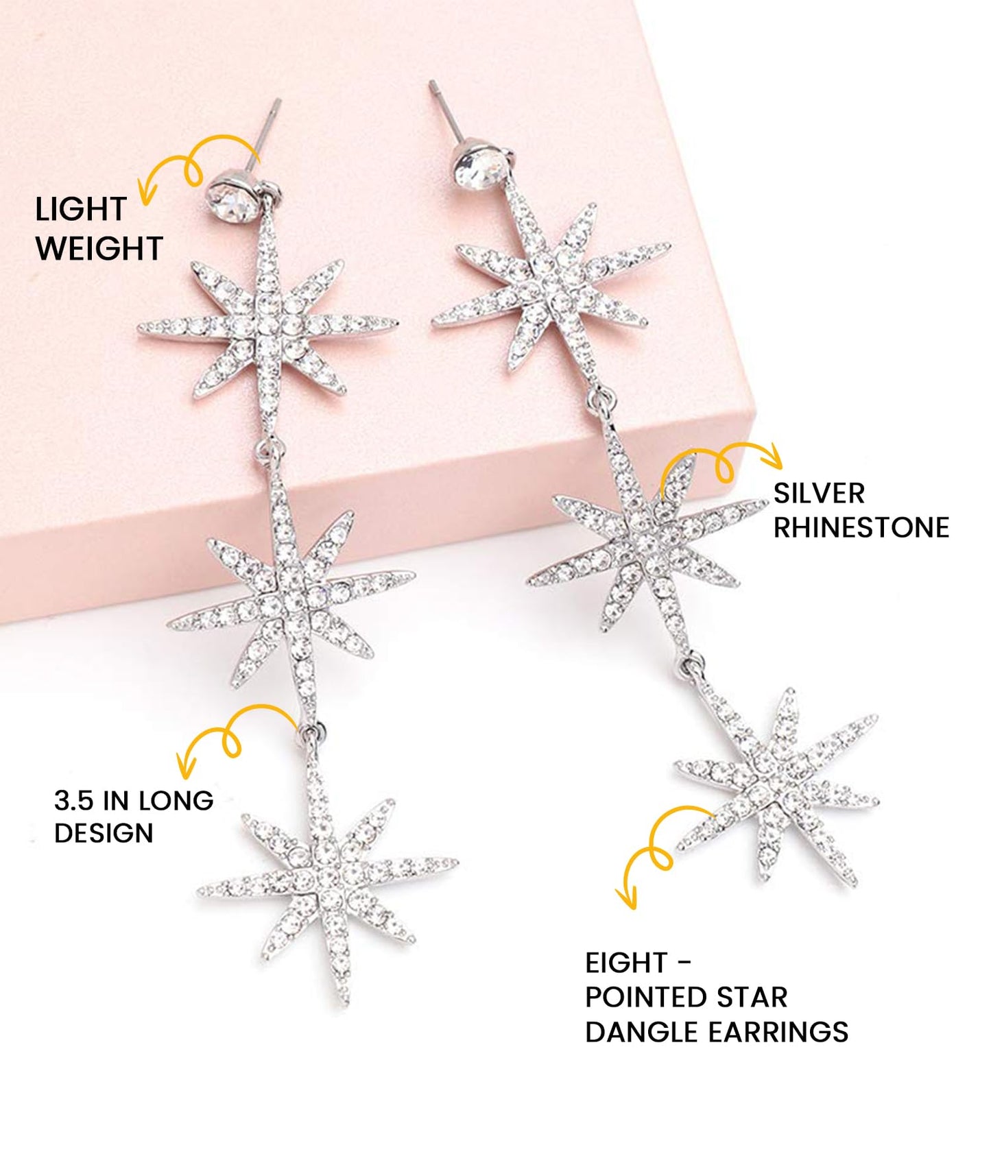 Blingsoul Silver Star Dangle Earrings – Silver Rhinestone Earrings Dangling Style with Hexagram Star Earrings for Women Brides | [J100047] Star Snowflakes | Silver