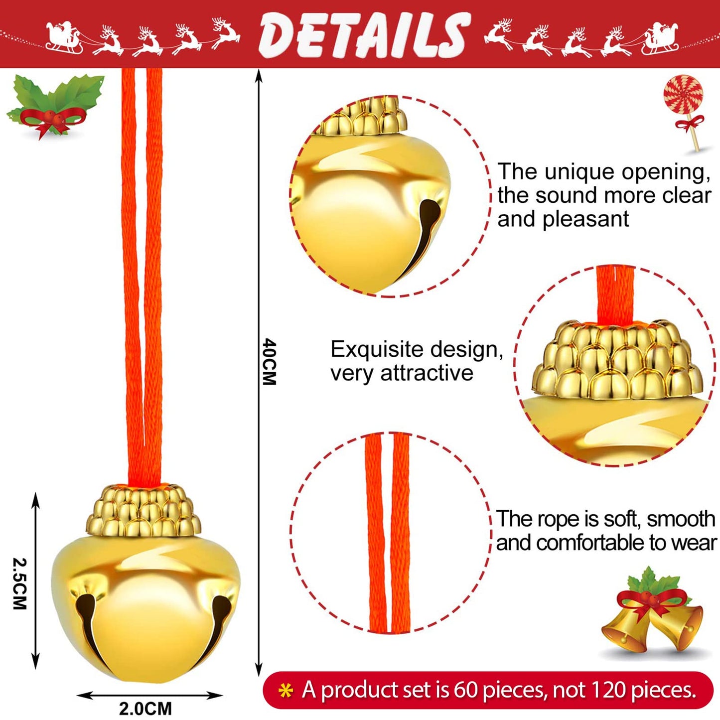 60 Piece Christmas Bell Necklaces - Holiday Necklaces for Christmas Supplies (Red, Green, Gold and Silver)