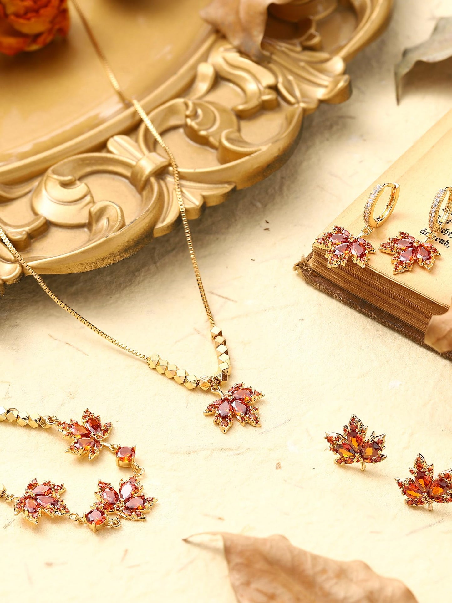 Sasylvia 4 Pcs Autumn Maple Leaf Fall Jewelry Set for Women Necklace Rhinestone Bracelet 2 Maple Leaf Earring Accessory Gift(Vintage)