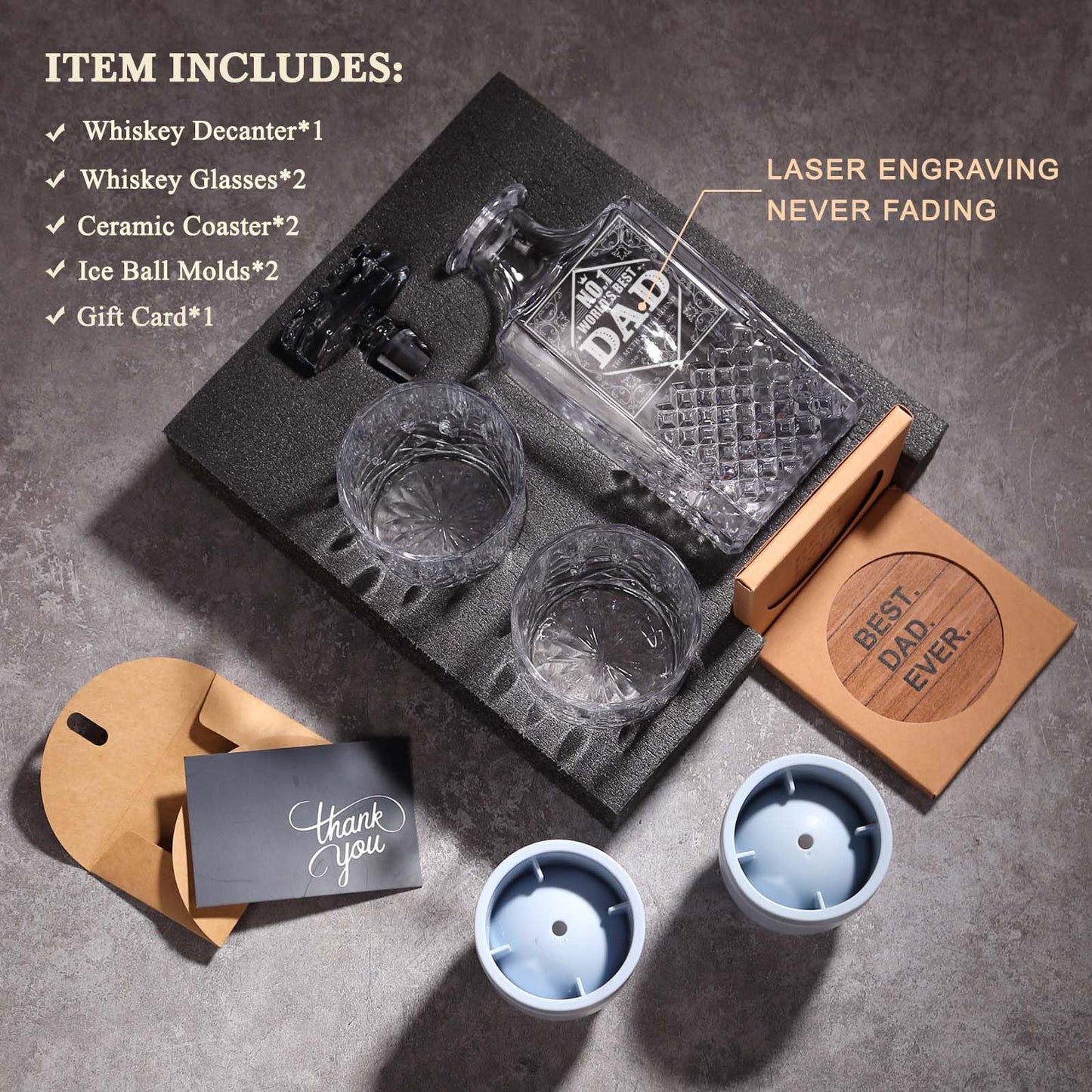 Gifts for Dad Men, Whiskey Decanter Set with Gift Box, Unique Christmas Gift from Daughter or Son, Perfect Birthday and Retirement Present for Men - Includes 2 Ice Molds, 2 Coasters, and a Gift Card