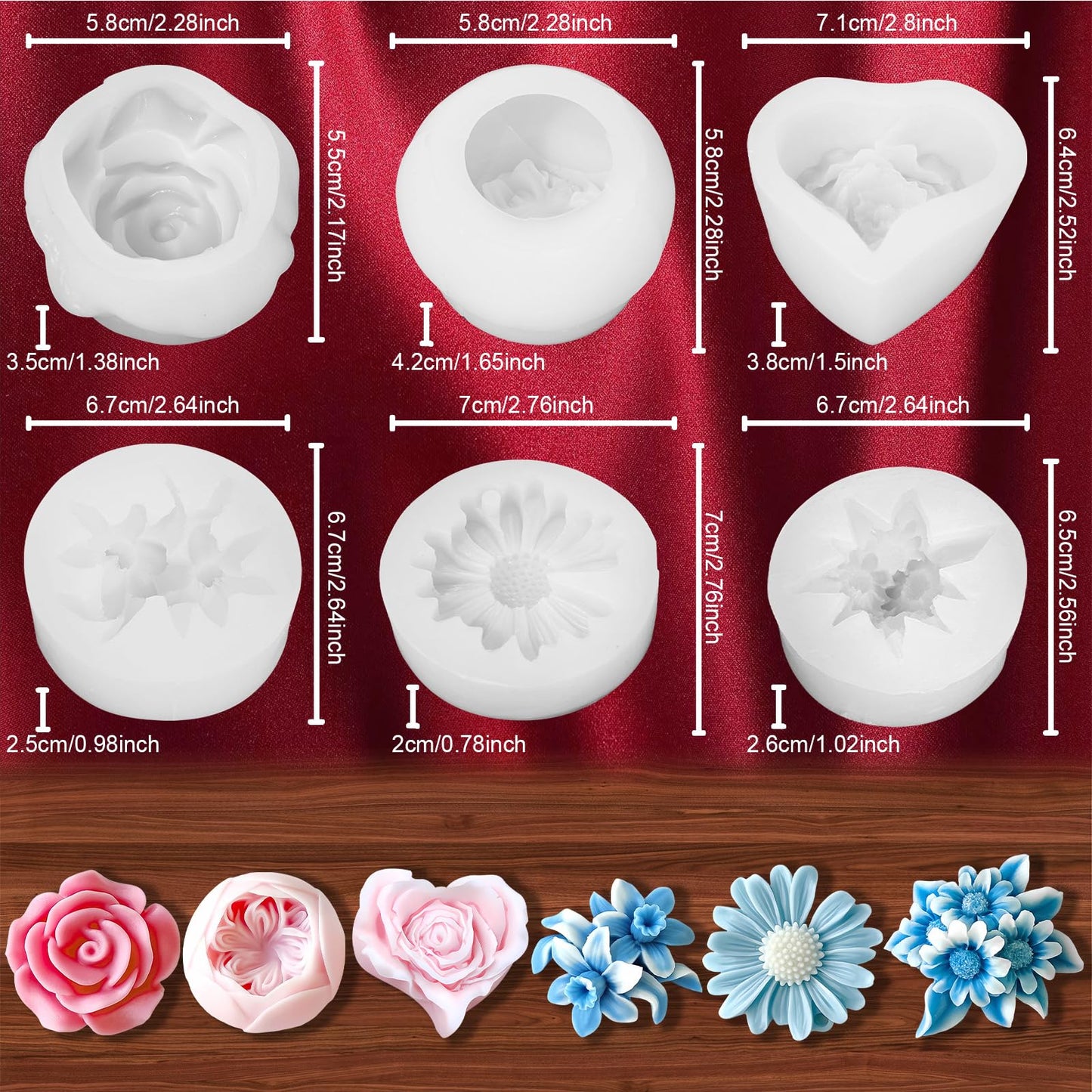 6Pcs Flower Candle Silicone Mold 3D Flower Resin Candle Molds for Candle Making with Wicks DIY Soap Wax Resin Craft Mould Home Art Decoration Box Packaging