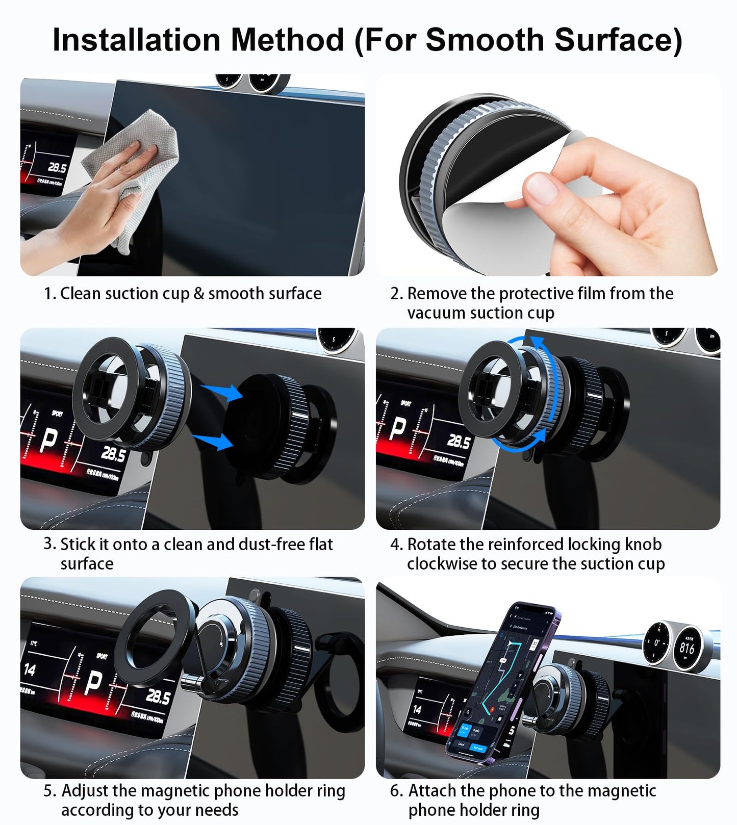 Gahenwo Vacuum Magnetic Car Phone Holder Stand,360° Adjustable Car Phone Mount for Magsafe with Suction Cup & Swivel Lock,Foldable Phone Holders for Your Car,Cell Phone Car Mount for iPhone & Android