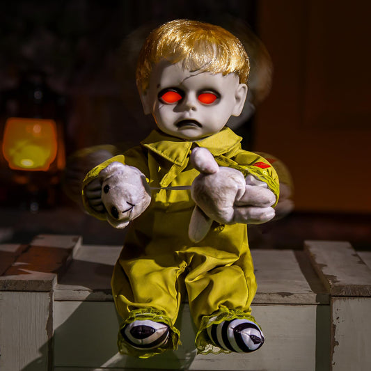 Halloween Animatronic 10inch Creepy Boy Doll, Halloween Animated Decorations with Sound Activated Spooky Sound, Light Up Eyes, Scary Move, Haunted House Holiday Decor Horror Prop for Indoor, Outdoor