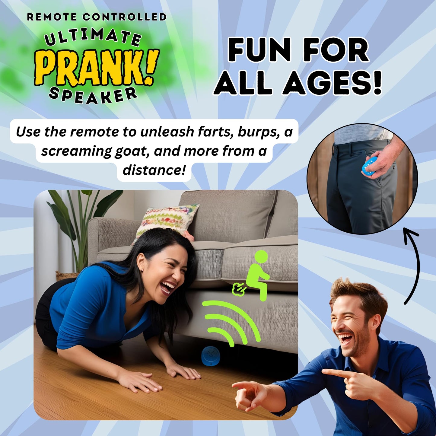 Remote Controlled Sound Prank - Farts, Burps, Screaming Goat, Air Horn, Phone Ringtone, Crickets, Baby Crying, Cat, Dog - 26 Different Realistic Sounds