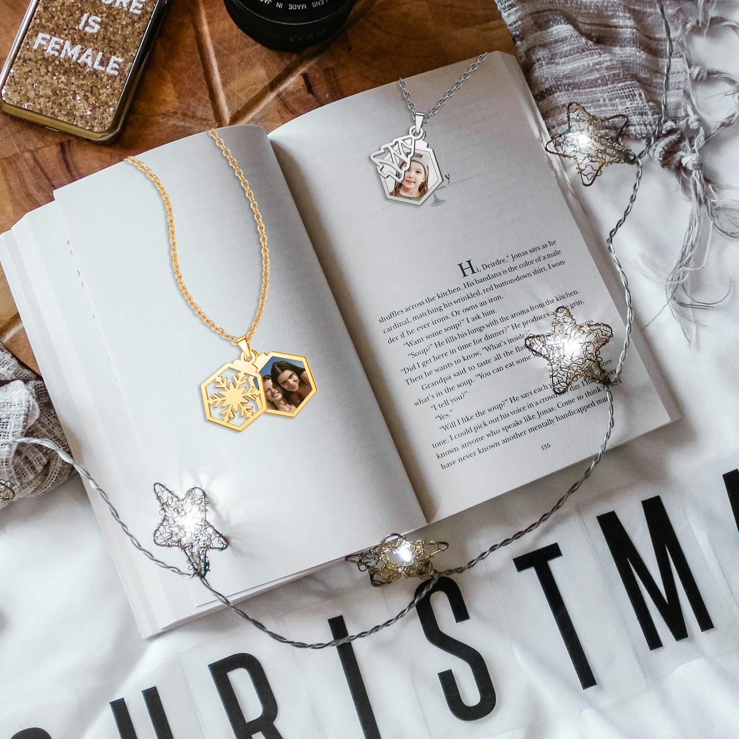 CharmSStory Christmas Tree Snowflake Gingerbread Reindeer Personalized Photo Necklaces Name Necklace Custom Engraved Memory Keepsake Picture Necklace Pendant Customized Gifts for Women Men