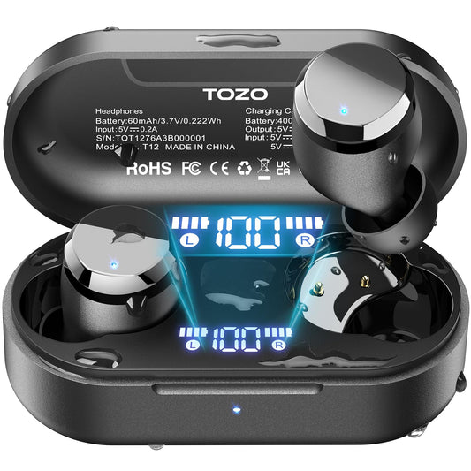 TOZO T12 Wireless Earbuds Bluetooth 5.3 Headphones, Call ENC Noise Cancelling Mic, 55Hrs Playtime App Customize EQ IPX8 Waterproof LED Digital Display Premium Sound Headset