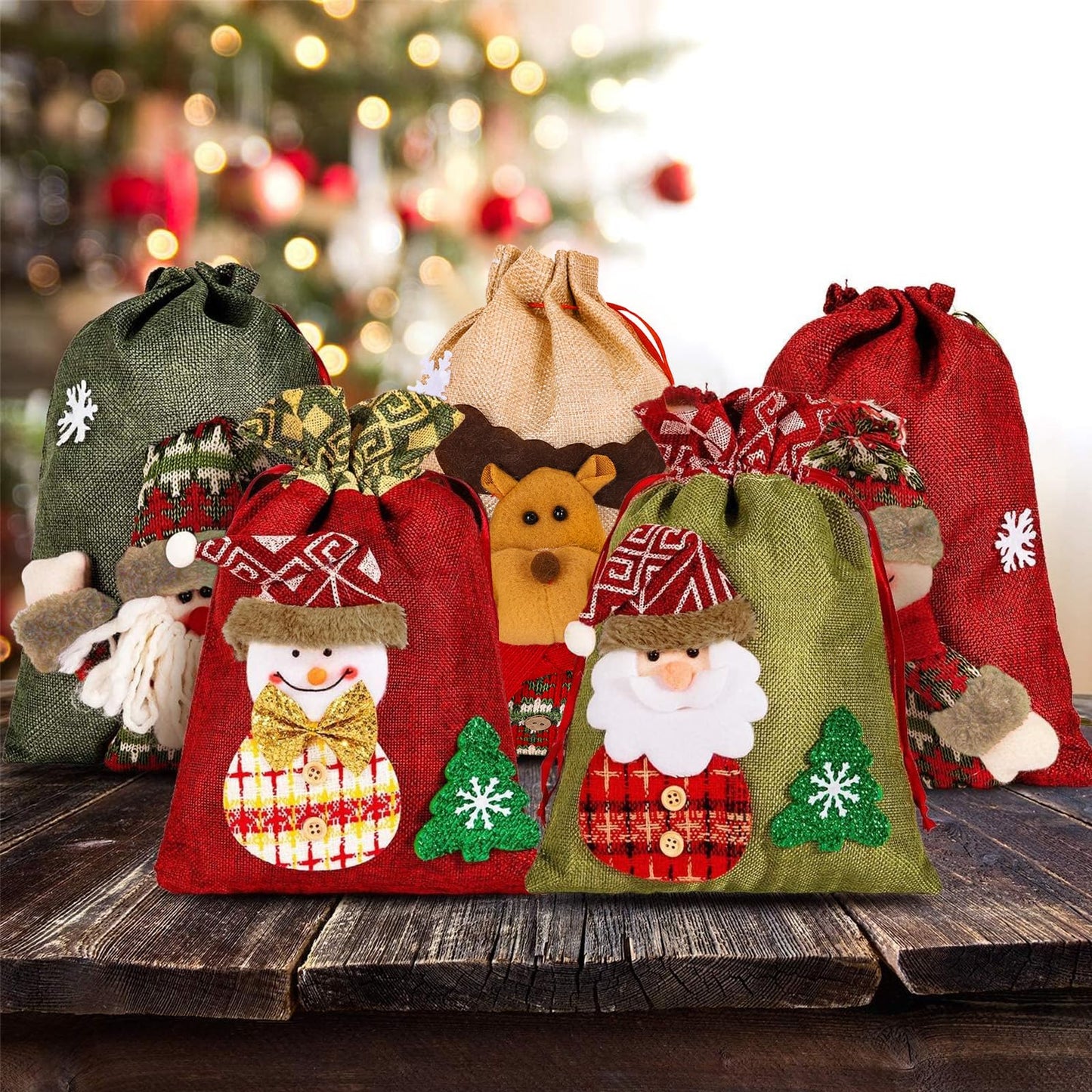 Whaline 3D Xmas Gift & Party Favor Bags Drawstring Handle Xmas Treat Pouch, Snowman Red - 8 x 11in, 8 x 12in (5 Pack)