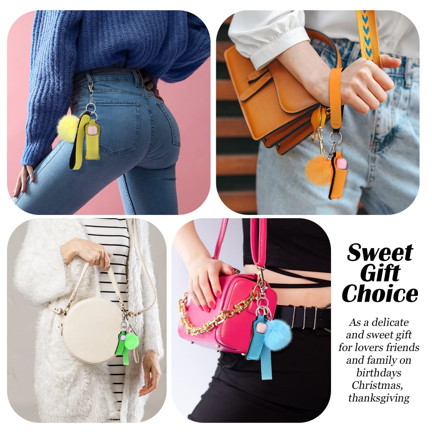 Tudomro Lipstick Holder Keychain Poms Keychains Bulk Lip Balm Holder Set Include Colorful Wristlet Key Rings Ball Metal Key Rings for Lipstick Lanyards Women(Bright Color,20 Sets)