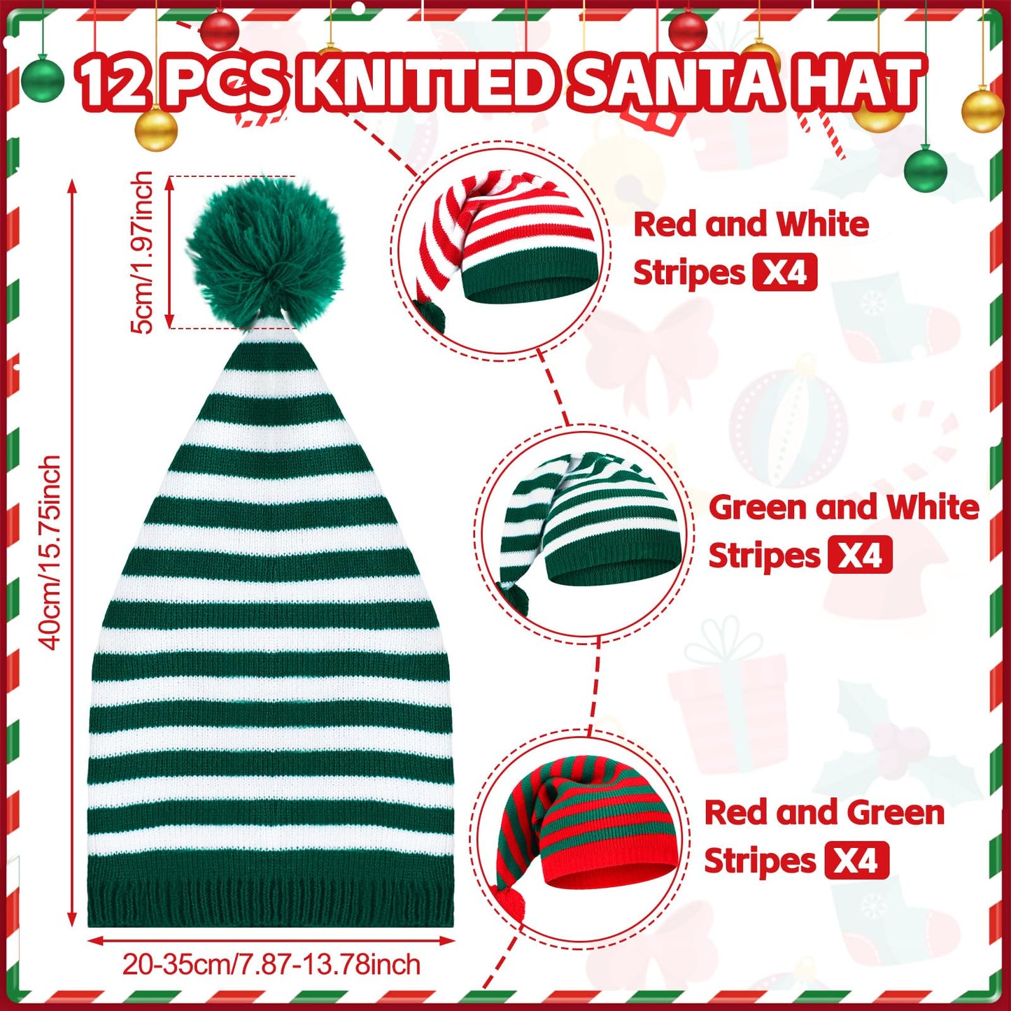 Ramede 12 Christmas Knitted Elf Hats Santa Hat for Adults Xmas Beanie Winter Hats with Pompom Bulk Crochet Caps for Women Men(Vivid Color,Stripe)
