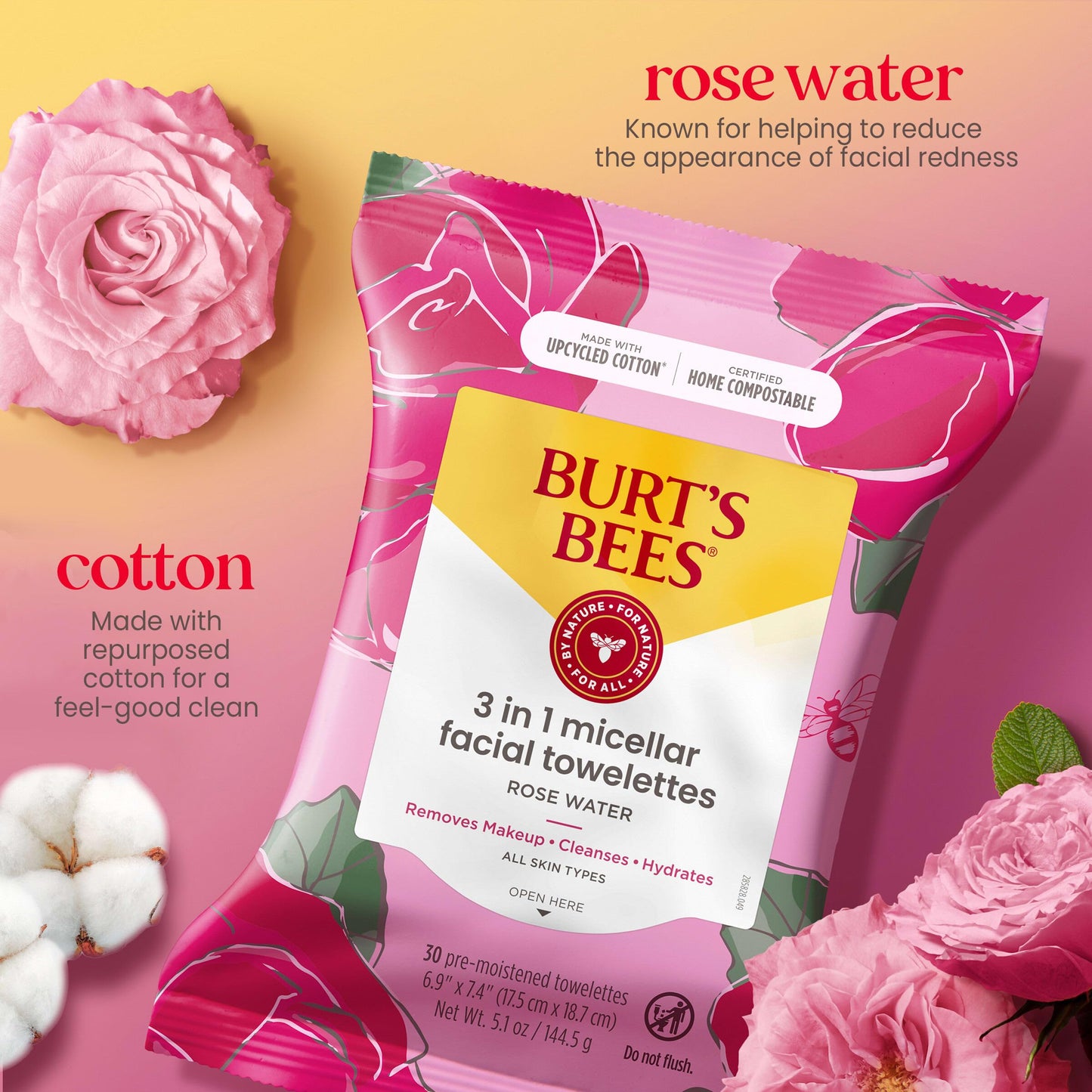 Burt's Bees Back To School Dorm Essentials, Rose Water Face Wipes, for All Skin Types, Hydrating Micellar Makeup Remover & Facial Cleansing Towelettes, 30 Ct (3-Pack)