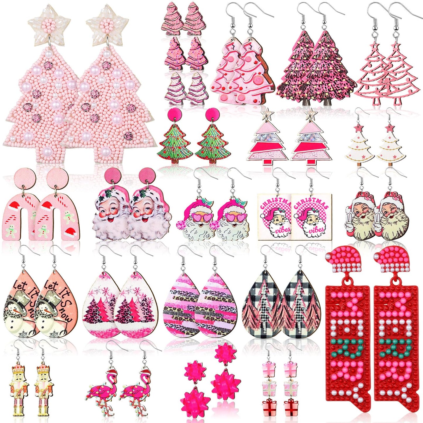 Remuuly 24 Pairs Pink Christmas Earrings for Women Christmas Dangle Earrings Xmas Tree Santa Jewelry for Holiday Party Gifts(Fashion Style)