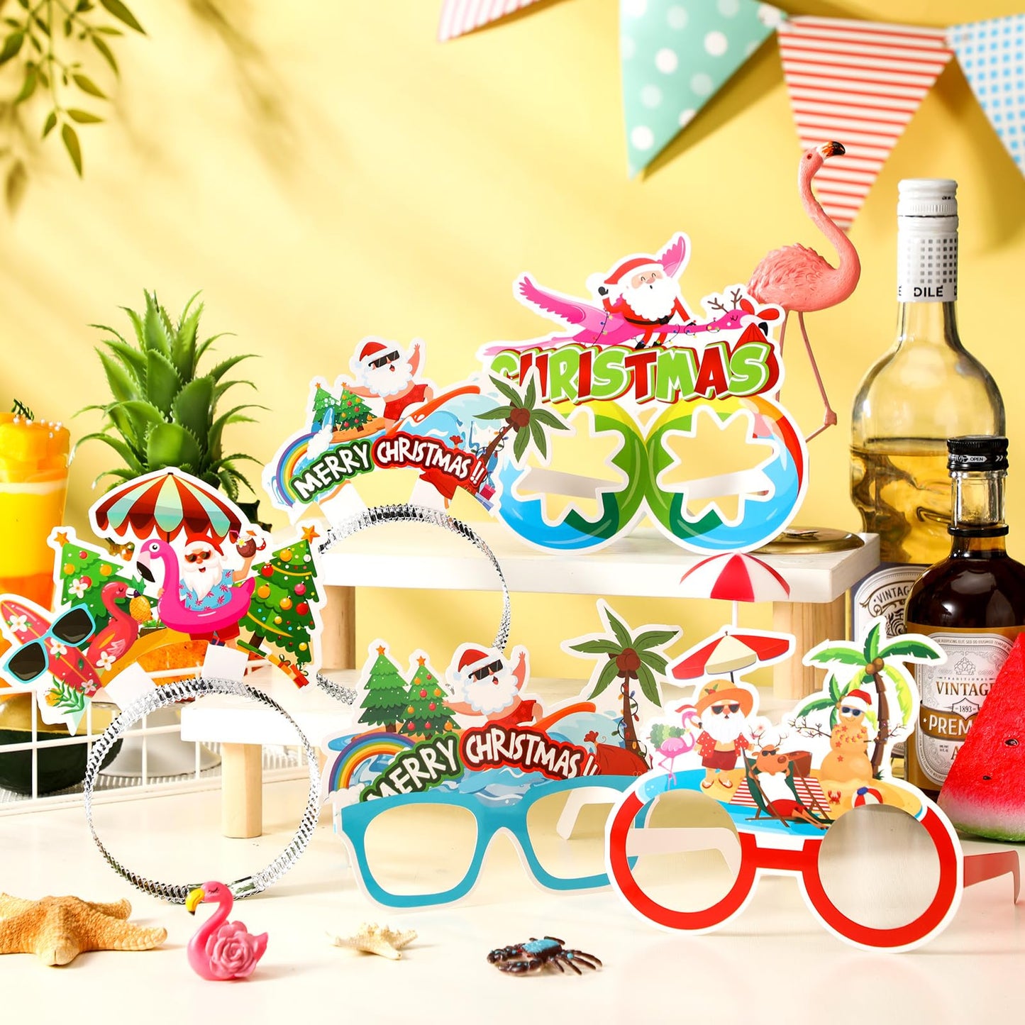 Yuxung 24 Pcs Christmas Party Favors, Summer Christmas Paper Eyeglasses and Headbands, Hawaiian Party Supplies Photo Booths Tropical Beach Santa Holiday Decorations