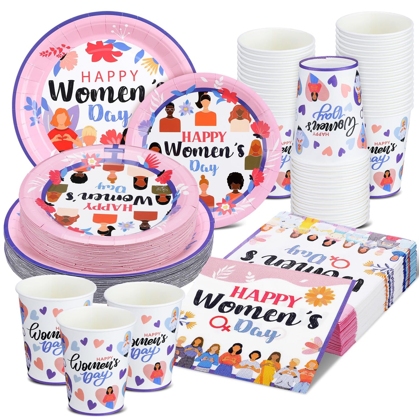Teenyyou 200 Pcs Women's Day Party Supplies Womens History Month Decorations International Womens Day Decoration Plate and Napkin Set Serve 50 Guest Disposable Dinnerware for Birthday Holiday Supplies