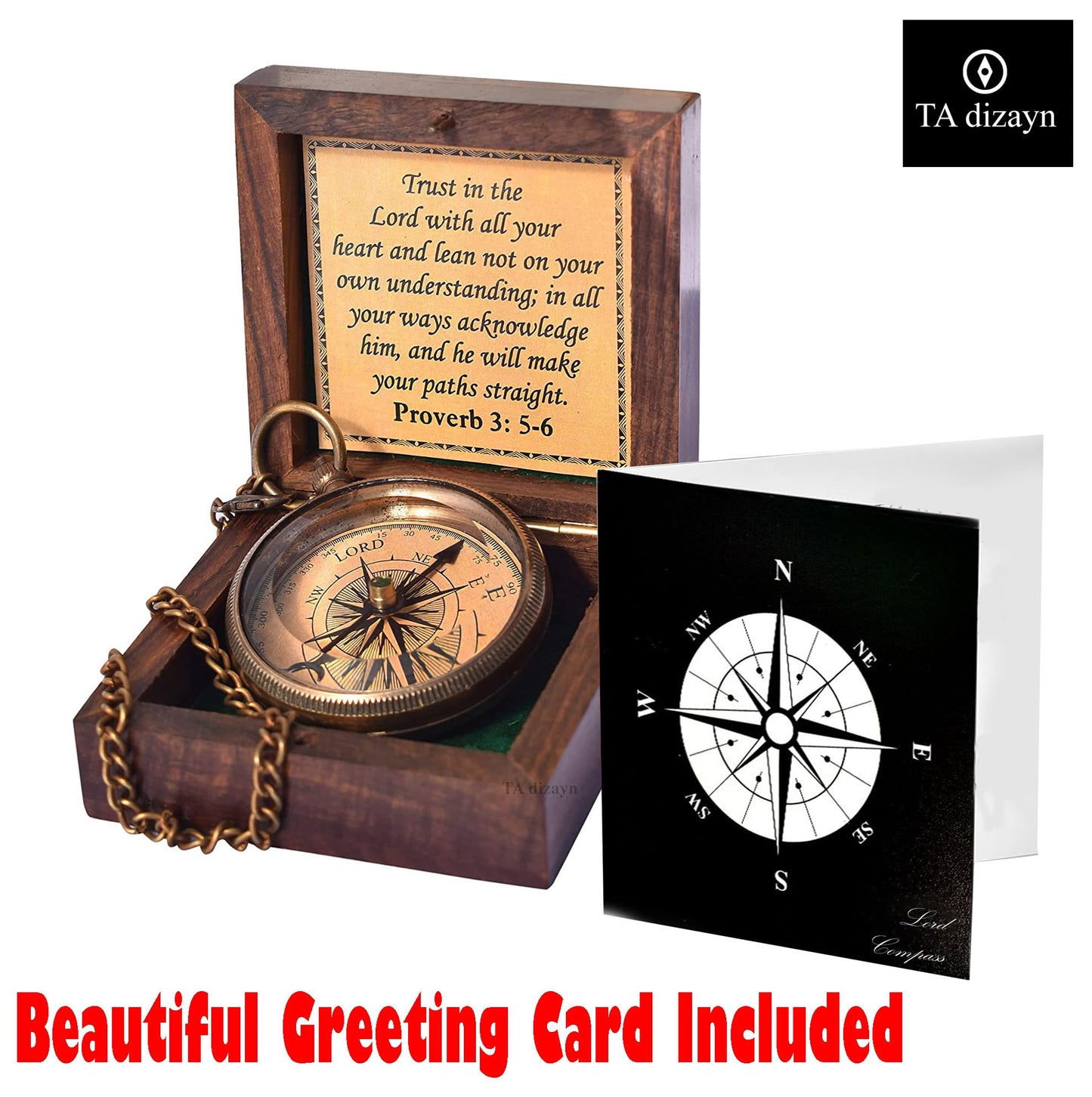 Trust in The Lord with All Your Heart -Proverbs 3: 5-6 Quote Engraved Compass with Wooden Box, Greeting Card, Gift Compass, Graduation Day Gifts 2024 Compass for Women Mens Boy Girls