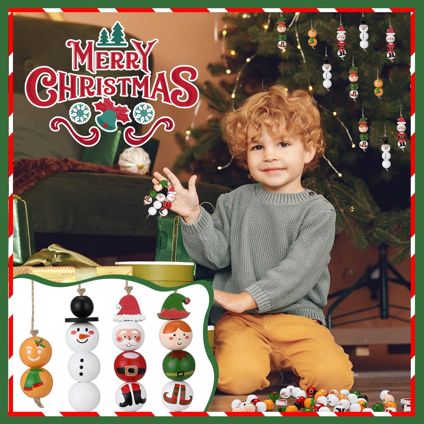 Suzile 150 Pcs Christmas Wood Beads with Twine Xmas Santa Gingerbread Man Snowman Elf Wooden Bead Farmhouse Rustic Round Wooden Beads for Crafts DIY Christmas Winter Party Supplies Decor Ornaments