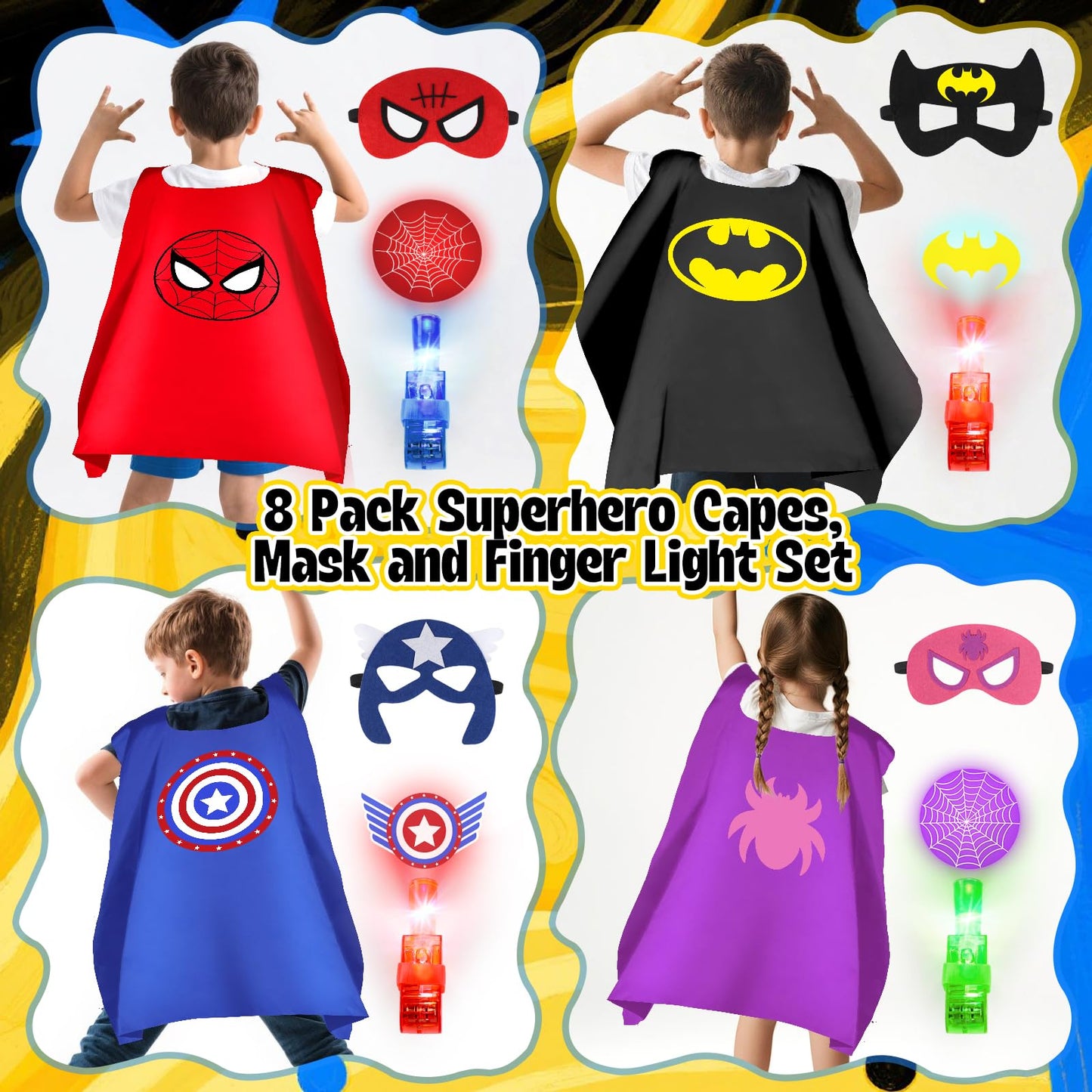 KUBUSFLY Superhero Capes for Kids, 8 Pack Halloween Costumes with Capes Masks Dress Up Set for Cosplay Party Birthday Halloween Christmas Gifts Toys for Boys Girls Kids Toddler 3 4 5 6 7+