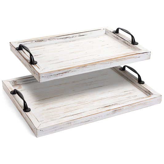 Rustic Serving Tray with Handles - 2 Nesting Trays for Serving Food - Wooden Tray for Decor, Coffee Table & Ottoman - Large Serving Tray with Distressed White Finish to Complement Any Decor