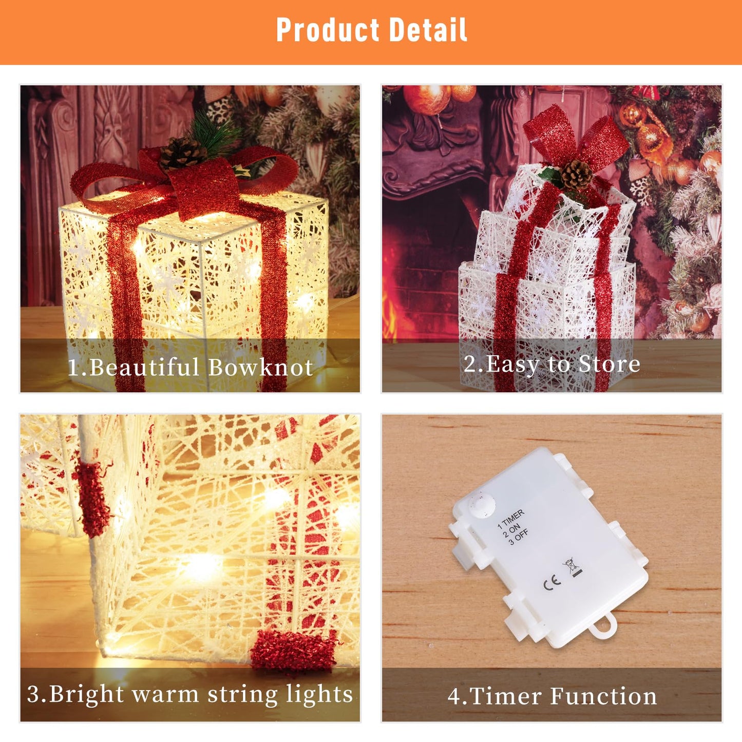 Christmas Decorations, Set of 3 Christmas Lighted Gift Boxes, Battery Operated Xmas Present Boxes, Warm White LED with Bows for Indoor Christmas Tree, Yard, Home Decor