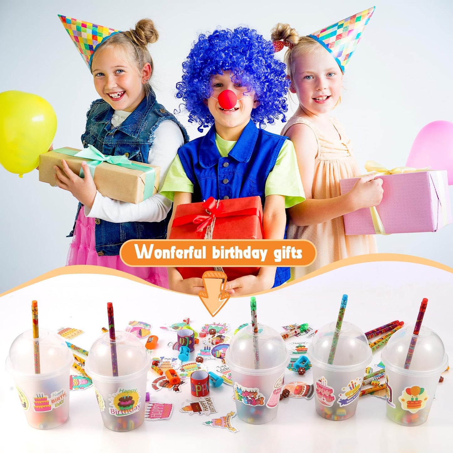 Kolewo4ever 460 Pieces Happy Birthday Party Favors Return Gifts for Birthday Party with Pencil Sharpener Eraser Sticker Slap Bracelet Cup with Lid